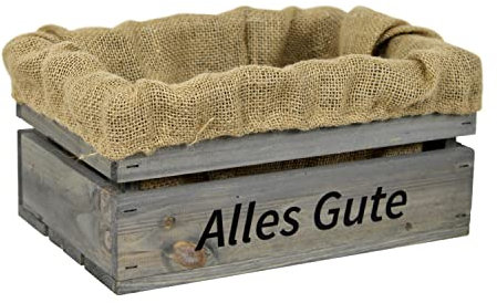 HW HOLZKISTEN-WELT Holzkiste Hellgrau mit Aufdruck Alles Gute mit Juteeinlage - Stiege Steige Geschenkverpackung Präsentkorb Geschenk
