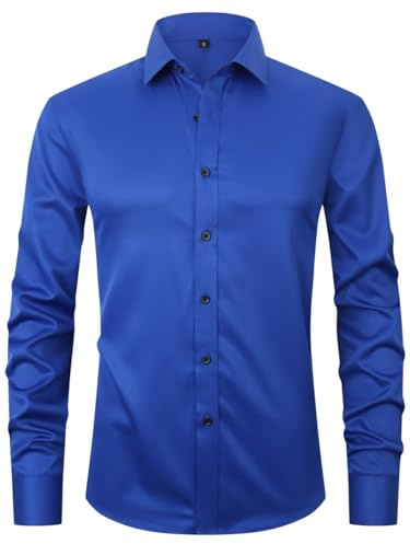 corfty Men Long Sleeve Dress Shirt - Regular Fit Stretch Free-Wrinkle Button Down Shirt (Royal Blue, Medium)