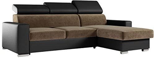 MKS MEBLE Ecksofa Wohnzimmer - Wohnlandschaft - L-Form Couch mit Schlaffunktion - Bettsofa - Wohnzimmer L Couch - Polstersofa mit Bettkasten - Fox Helbraun Schwarz