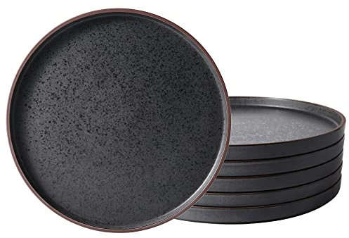 LERATIO Salatteller, 20,3 cm Keramikteller, Keramik-Salatteller, Set mit 6 Stück, moderne Form, Geschirr-Set für Küche, mikrowellen- und spülmaschinen- und ofenfest, mattschwarz mit Kaffeerand