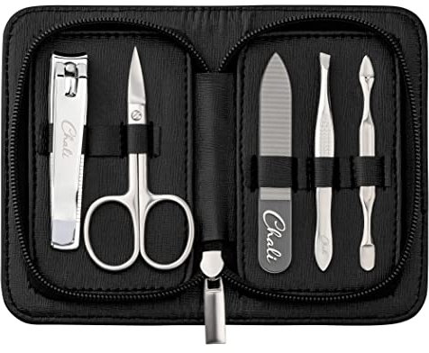 Chali® Maniküre Set 5-teilig - Edelstahl Nagelset für Herren und Damen mit Etui - Nagelschere, Nagelknipser, Pinzette, Glasnagelfeile, Nagelhautschieber