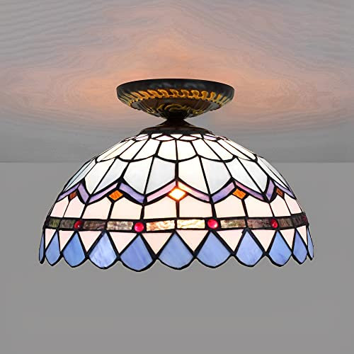PAZWAHF Blaue mediterrane Deckenleuchten im Tiffany-Stil mit 12-Zoll-Lampenschirm aus Buntglas für Schlafzimmer, Wohnzimmer, halbbündige Einbauleuchten (E26/E27)