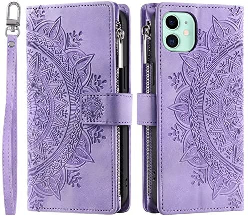 VEEMOS Wallet Case for iPhone 11 Flower Flip Case Protective Leather Folio Book Phone Cover with Card Slots Kickstand Zipper Pocket - Purple