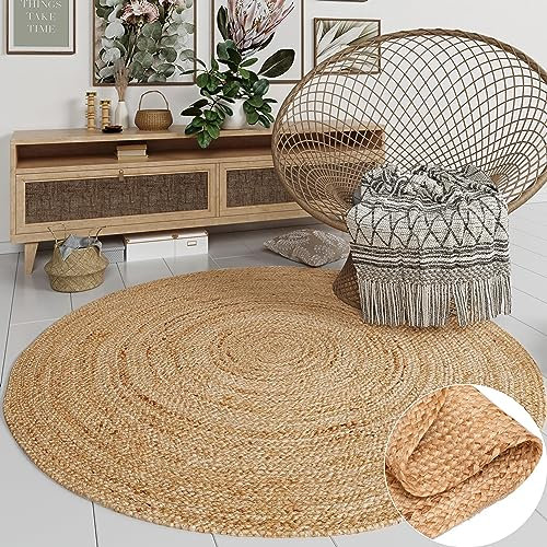 MY-RUG Jute Teppich rund 120 cm, Natur, robust und handgemacht, großer handgewebter Juteteppich im Boho Style, fürs Esszimmer Nitin