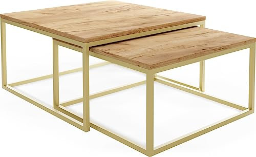 WFL GROUP Rechteckige Quadratische Satztische Couchtische mit Gold Gestell - Loft Style Couchtische Metallbeine - 2 in 1 - Zwei Industrielle Getrennte Tische für Wohnzimmer - Eiche Craft