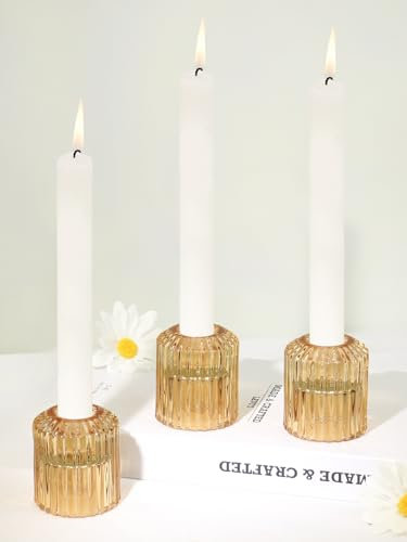 HofferRuffer Kerzenständer Glas 3er Set,Kerzenhalter,Kerzenleuchter für Stabkerzen und Teelichter,Bernstein