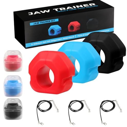 Powzdi Jaw Exerciser, Jaw Trainer for Face Mouth, Jawline Chisel & Enhance 3 Pack 3 Levels of Resistance Neck Exerciser Build & Chisel Your Jawline Jawzr Includes 3 Necklaces