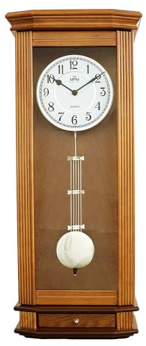 MPM Quality Pendeluhr Wanduhr, Retro Wood Wanduhr mit Pendel, Helles Holz, Traditionelle und Elegante Holzuhr, Präziser Quarz-Schrittmotor, 255 x 620 x 130 mm, schöne Wand Dekoration für Wohnzimmer