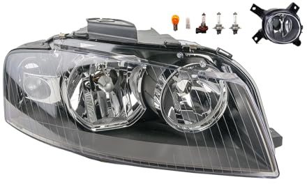 Johns, Scheinwerfer Halogen Front Haupt passend für Audi A3 8P 05/03-07/08 H7 H7 Rechts + Nebelscheinwerfer + Leuchtmittel