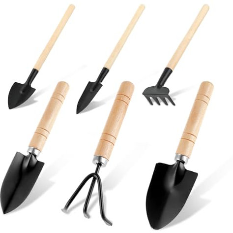 Sibba 6 Pcs Garden Tools Set Mini Miniature Shovel Indoor Succulent Home Tiny Gardening Kit Plant Potted Repotting Flower Wood Handle Care Transplant Accessories Potted Houseplant
