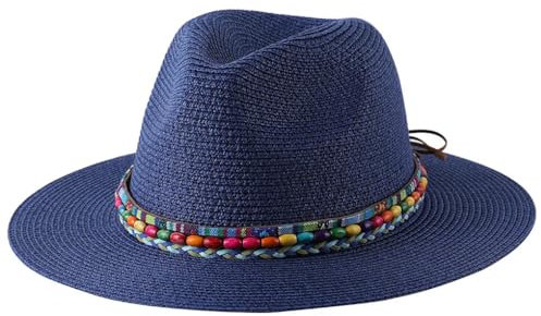 REHJJDFD Chapeau de paille Panama à large bord pour femme et homme, bleu marine, taille unique