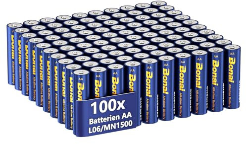 BONAI Longlife Batterie alcaline AA (100 pezzi) 1,5 V Mignon LR06, potenti, ideali per sveglia, termometro, lampade decorative e altri dispositivi con elevato fabbisogno energetico