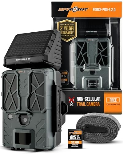 Spypoint Force-Pro-S 2.0 Caméra de Surveillance extérieure Solaire, Non cellulaire, 48MP, vidéo 4K/2K/1080p, Panneau Solaire intégré, 0,2s de déclenchement, portée 33 m, Batterie Interne
