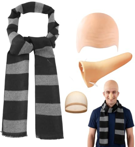 TANTAKO 4er Pack Erwachsener Kostüm Accessoires- Schwarzer Graun Schal Falsche Nase Kahlkopf Perücke Mütze Halloween Karneval Cosplay