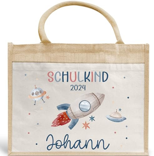 kleinebuchstaben Schulkind 2024 Tasche, Rakete Weltraum Schultasche, Geschenk Einschulung, Schultüte, personalisierte Jutetasche, Einschulungsgeschenk