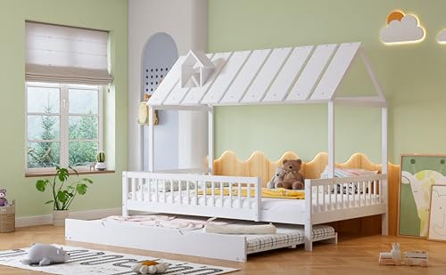 WIZBED Hausbett 120x200 mit Rausfallschutz - Kinderbett mit Ausziehbett- Jugendbett mit Lattenrost - Gästebett Bett Massivholz Kiefer Bettgestell, Ohne Matratze