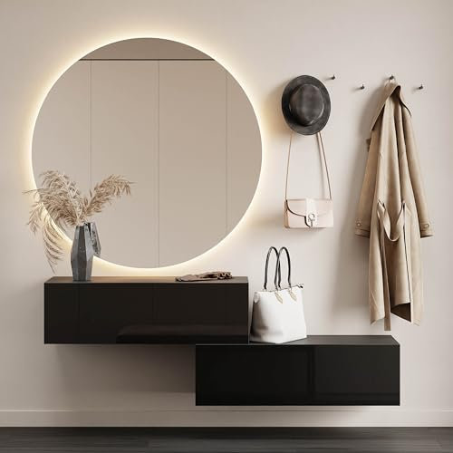 Planetmöbel Flurgarderobe 2X 100 cm inkl. Spiegel rund mit Beleuchtung 100 cm, Schwarz, Flur Möbel mit Spiegel, 2X 37,8T x 100B x 32,5H cm