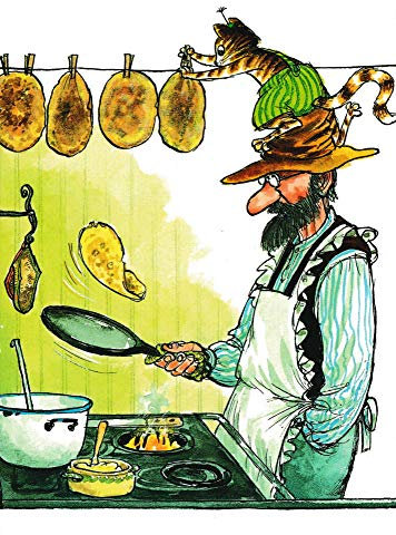 Postkarte Pettersson und Findus: Pfannkuchenbacken