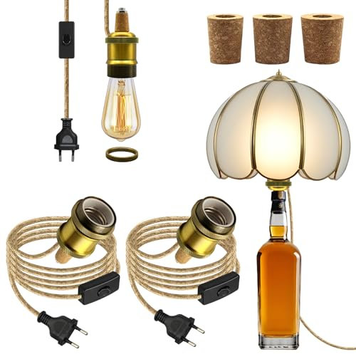 Lampenfassung für Flaschen,2 Stück E27 Keramik Fassung mit Kabel Hanfseil, Bronze Flaschenlampe Aufsatz LED mit 240cm Stecker und Schalter, Flaschenadapter Lampe für Tischlampe mit 3 Arten von Korken