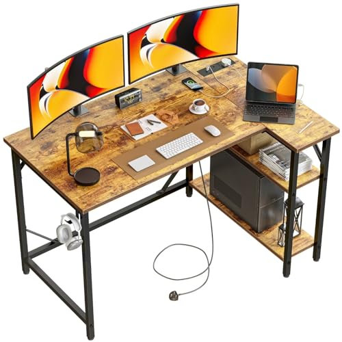 DOMSHOCT 120 * 70cm Corner Computer Desk with Power Outlets, Small L Shaped Gaming Table with Large Reversible Storage Shelves, Home Office PC Workstation with Hooks for Writing Study, Rustic Brown