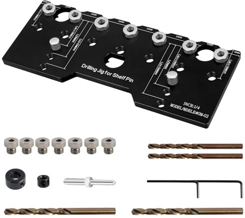 Gabarit de perçage pour goupilles d'étagère avec 7 guides de perçage trempés, en aluminium de qualité supérieure, 22 x 10 cm, jauge de perçage 5 mm, guide de perçage de 32 mm, pour le travail du bois,