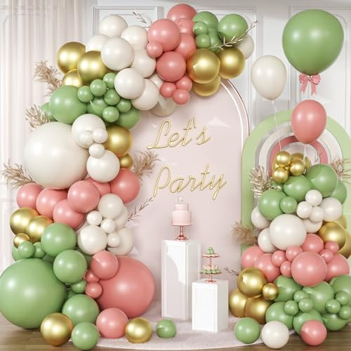 Kit Arche Ballon Vert Rose, 130pcs Kit Guirlande Ballons Decoration Anniversaire, Vert Sauge Ballons Guirlande, Arche de Ballon pour Anniversaire Decoration, Mariage, Bébé Shower, Bapteme, Graduation