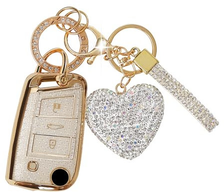 ZVRSUA Autoschlüssel hülle Cover mit Diamant Bling Schlüsselanhänger aus Weichem TPU,3 Tasten für VW Autoschlüssel Golf 7 Schlüsselhülle, Schlüsselbox Cover für VW Polo, Skoda, Tiguan, MK7 (Silber