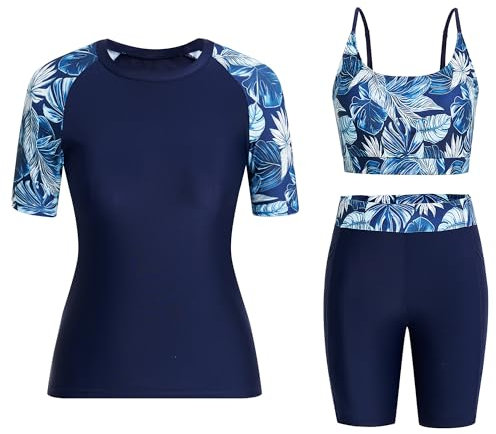 Owntop Damen 3-teiliger Rash Guard | UPF50+ UV Shirt | Kurzarm Rashguard-Shirts & Bikini Top & Hochtaillierte Boyshorts | Schnelltrocknend Badebekleidung Badeanzüge | Schwimmen Surfen | Blau XL