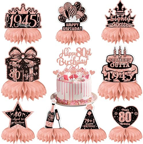 80th Birthday Table Decorations for Women - Rose Gold Party Honeycomb Centerpieces Cake Toppers Supplies, 17 Pieces Cheers to 80 Years Vintage 1945 Decor Happy 80th Birthday