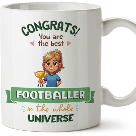 MUGFFINS Footballer Woman Mug - in English - Best in Universe Trophy - Funny Gift for Colleagues - Ceramic 11oz Mug