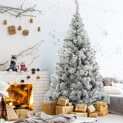 SpirWoRchlan Artificial Pine Tree, 6ft 700 Tips Snow Flocked Christmas Tree with Foldable Stand