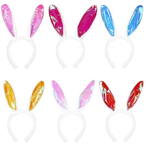 HarnyLoom 6 pièces Oreilles de Lapin Serre-Tête Pâques, Peluche Bandeau Oreille de Lapin Deguisement Enfant Filles Adultes Accessoires Pâques Décoration de Costume Cosplay (Brillance)