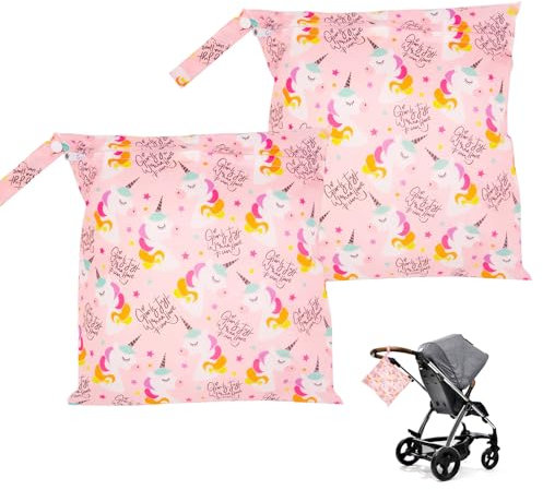 2 Stück 30 * 28cm Wetbag Wetbag Kindergarten Reißverschlussdesign Wet Bag Wäschebeutel Kindergarten Wiederverwendbare Aufbewahrungstasche wasserdichte Wickeltasche mit Einhornmuster (Rosa)