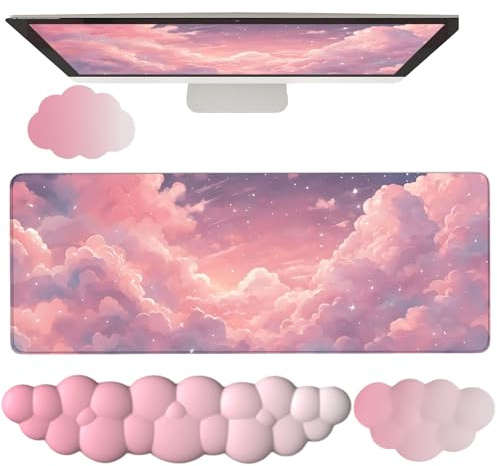 Lot de 4 grands tapis de souris antidérapants et ergonomiques en mousse à mémoire de forme pour bureau, ordinateur portable, bureau à domicile - Motif nuage rose