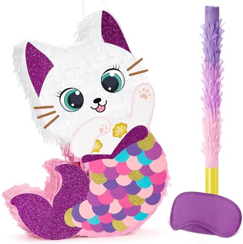 WERNNSAI Cat Pinata Kitten Mermaid Pinata with Blindfold and Bat | Mermaid Birthday Party Decorations Under the Sea Party Supplies Campus Summer Celebration Decor