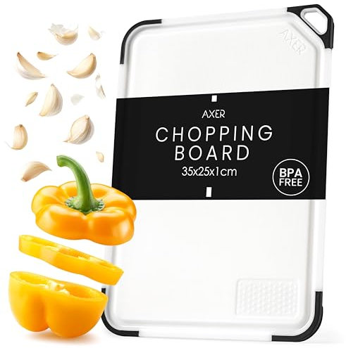 Axer Tagliere da Cucina Plastica Senza BPA - Misura Universale 35x25 cm Tagliere Cucina Lavabile in Lavastoviglie con Scanalatura per il Succo Piedini Manico e Grattugia - Cutting Board Bianco