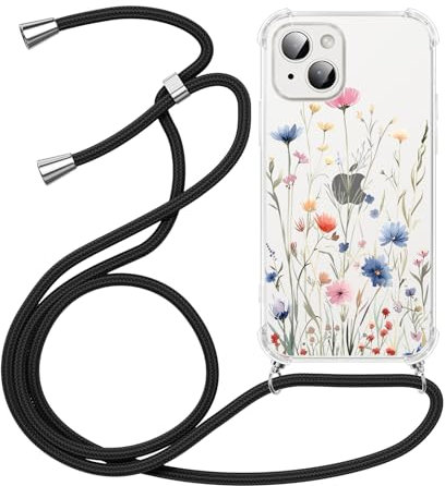 Yirlbey Coque pour iPhone 14 / iPhone 13 6,1 Pouces avec Cordon, Motif de Fleurs Sauvages Aesthetic Etui Laniere Collier Corde Réglable Transparente Case, Portable Housse Antichoc PC Dur Fine Femme