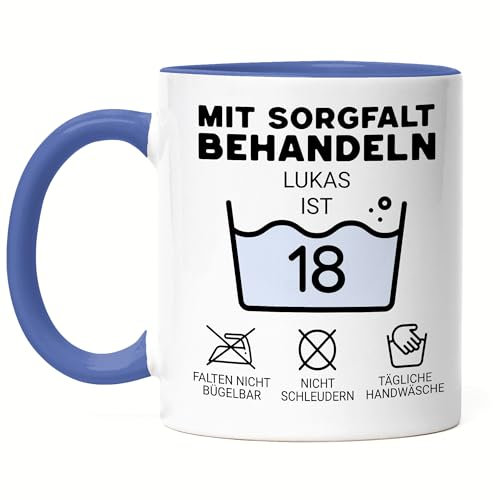 Kiddle-Design Personalisierte Tasse 18. Geburtstag - Mit Sorgfalt behandeln das Gute Stück ist 18-18ter Geburtstag Lustiges Geschenk Mann Frau, Tasse Blau