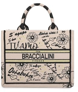 Braccialini Queen Große Handtasche mit doppelten Henkeln, aus Stoff mit exklusiven bunten Blumenstickereien und gesticktem Logo. Ausgestattet mit herausnehmbarer Pochette und abnehmbarem