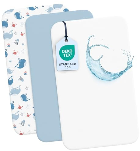 Dreamzie - 2 Baby Spannbettlaken 50x83 + 1 Wasserdichter Matratzenschoner | 3er Set für Babybett · 100% Baumwolle · Hypoallergen · OEKO-TEX zertifiziert · Kinderwagen & Babybett · Ozeanmotiv