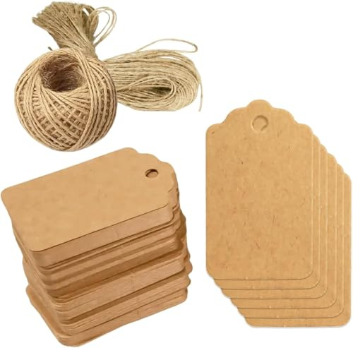 100 Stk. Geschenkanhänger aus Kraftpapier mit 20 m Juteschnur – Rechteckige Etiketten 3x5 cm für Geschenke, Hochzeiten, Geburtstage, Bastelprojekte und DIY-Dekorationen