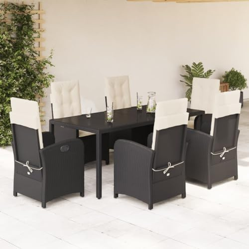 Ziaphsol 7-TLG. Garten-Essgruppe Schwarz Poly Rattan, verstellbare Stühle mit cremeweißen Kissen, 190x90cm Tisch für Terrasse, Balkon, Essbereich im Freien