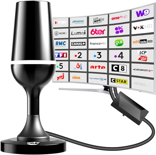 Antenne TV Intérieur Puissante 2026, Portée 80KM avec Amplificateur de Signal, Antenne TNT HD DVB-T2, Réception 4K 1080P pour Téléviseur, Câble Coaxial 3M