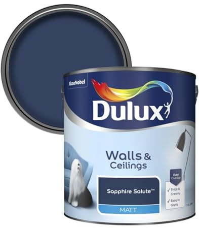 Dulux Walls & Ceilings Matt Emulsion Paint, Long-Lasting, Easy-To-Apply, Quick Drying, Perfect For Living Rooms, Bedrooms, Hallways, Kitchens, Indoor & Outdoor Use, 2.5L, (Sapphire Salute)