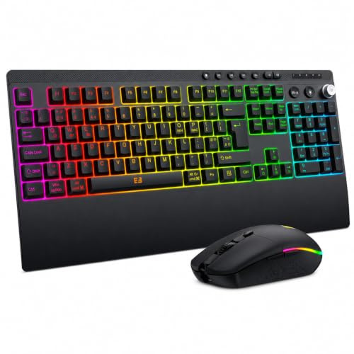 seenda Wireless Bluetooth Keyboard Mouse Set with RGB Backlit, Rechargeable | Multi-Device Dual Bluetooth&2.4G USB, Full-Size Ergonomic Keyboard UK Layout with Wrist Rest & 7200DPI Mouse for Work/Gaming