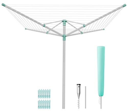 SONGMICS Tendedero Tipo Paraguas, Tendedero de Exterior, Altura Ajustaable, Aleación de Aluminio, Anclaje al Suelo, con Funda y Pinzas, Plateado y Verde, 60 m de Cuerda, para 6 Coladas LLR302E01V1
