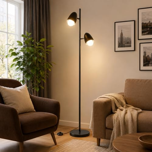 IEGLED LED Stehleuchte mit 2 verstellbaren Köpfen, 170CM Wohnzimmer Stehlampe mit E27 Fassungen Max.60W, Industrial Leselampe (mit 2 Leuchtmittel) für Schlafzimmer Büro - Schwarz