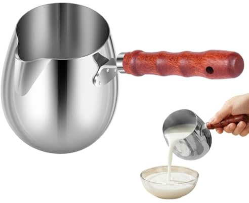 Foribyw 300ml Stainless Steel Milk Pot with Heat-Resistant Wooden Handle | 304 Metal Small Saucepan & Butter Warmer for Melting Chocolate, Cheese, Gravy, Coffee, Dishwasher Safe Kitchen Tools