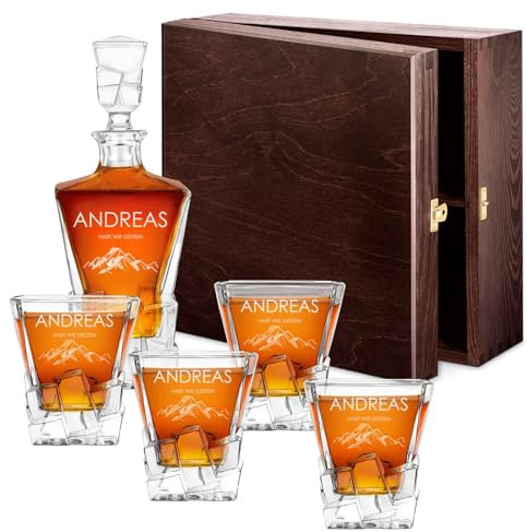 Maverton 950 ml Whiskykaraffe + 2/4 / 6er Whisky Gläser Set mit Gravur - Whiskey Dekanter - luxuriöses Design - Kristallglas - für Männer zum Geburtstag - Berge