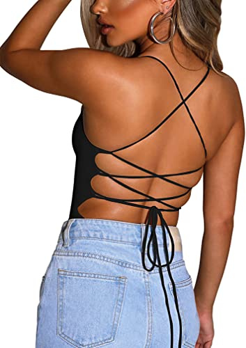 YMDUCH Women's Sexy Sleeveless Criss Cross Backless Cami Bodycon Bodysuit Tops Black